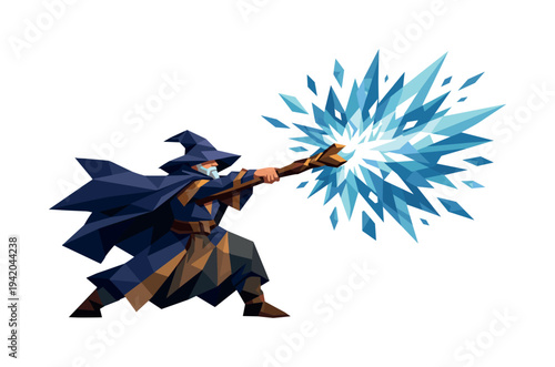 Low-poly vector illustration of a wizard unleashing a staff blast, single robed wizard with sharply faceted anatomy and angular