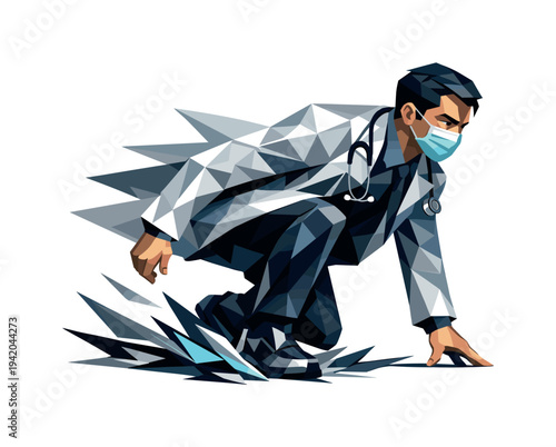 Low-poly vector illustration of a doctor preparing to sprint into an emergency, angular stance with knees bent and torso pitched