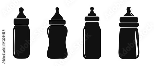 set of black silhouette baby bottles in various shapes are lined up, showing different designs used for feeding infants at home. Each bottle has a unique look and serves the same purpose