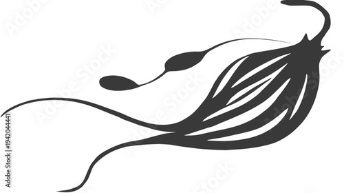 A stylized dark grey floral design with flowing lines on a white background