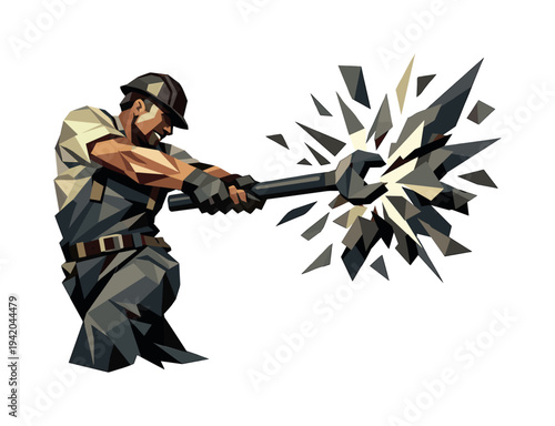 Dynamic Engineer Strain. Low-poly vector illustration of an engineer at peak strain mid-swing, body twisted with visible angular