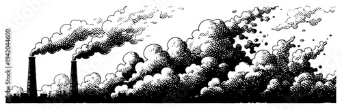 Industrial factory chimneys emitting heavy clouds of smoke in vintage engraving style