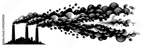 Stylized industrial factory silhouette with thick billowing smoke clouds and vintage texture