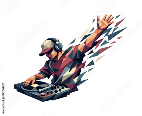 Low-poly vector illustration of a DJ accelerating into a hand wave, dynamic diagonal composition with the arm slicing upward and