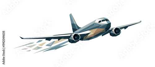 Streamlined Airplane Turn. Low-poly vector illustration of an airplane exiting the banking turn smoothly, wings returning toward