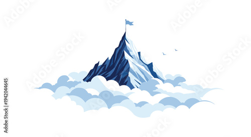 Stylized mountain peak with a victory flag at the top rising above soft blue clouds representing success, achievement, and ambitious goals.