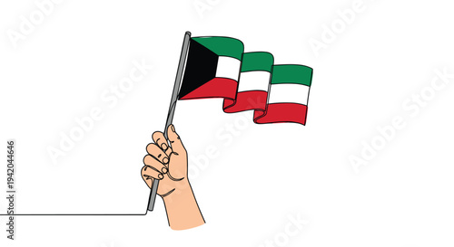 Hand holding the national flag of Kuwait in a continuous line art style with vibrant colors for independence day or patriotic celebrations.