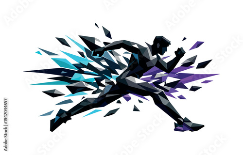 Low-poly vector illustration of a runner breaking through the neon city chase barrier, stride fully extended with bold angular