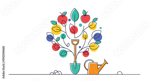Colorful stylized fruit tree with garden tools like shovel and watering can is growing from the soil in line art style.