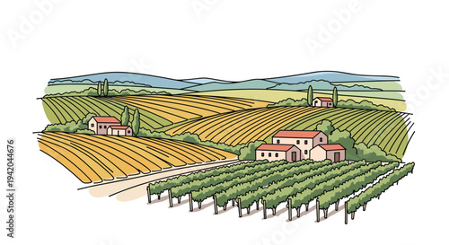 Beautiful rural landscape featuring rolling hills with agricultural fields, farmhouses, and a vineyard under a blue sky.