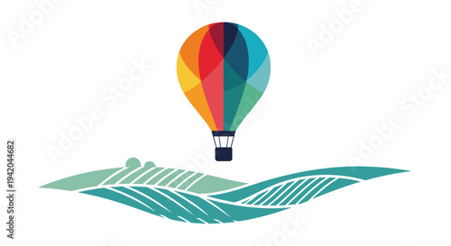 Vibrant hot air balloon soaring above stylized rolling green hills and agricultural fields in a modern graphic design.