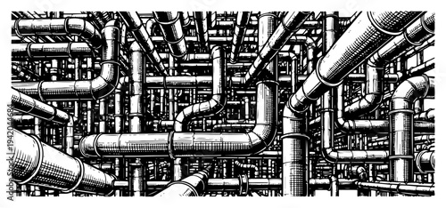 Complex industrial pipe maze with detailed hatching and technical engineering textures