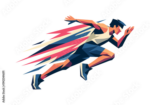 Neon City Dash. Low-poly vector illustration of a runner accelerating through the neon city chase, dynamic diagonal composition