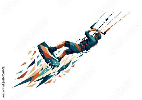 Low-poly vector illustration of a kiteboarder launching off the water into a jump, explosive upward motion with elongated angular