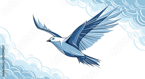 Elegant white and blue bird with large wings soaring through a sky filled with fluffy stylized clouds in blue tones.