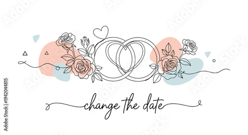 Elegant wedding announcement for a date change featuring two interlocking rings decorated with roses and hearts.