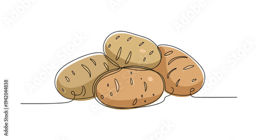 Small pile of four fresh potatoes is illustrated in a simple and modern continuous line art style with earth tones.