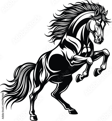 Rearing horse stallion silhouette isolated on white, cad drawing flat vector illustration, powerful equestrian mascot, black line art animal graphic.