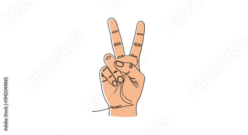 Hand gesture showing the peace or victory sign with two fingers raised in a minimalist line art style with color.