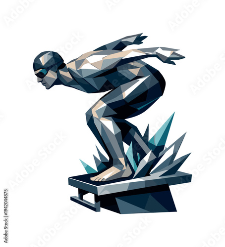 Low-poly vector illustration of a swimmer poised on the starting block just before the dive, tense angular posture with bent
