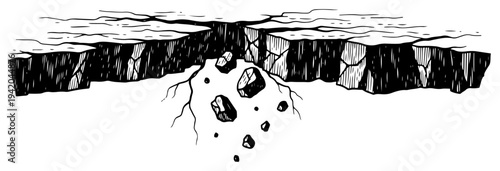 Dramatic crack in the ground forming a deep canyon with falling rocks in ink sketch style