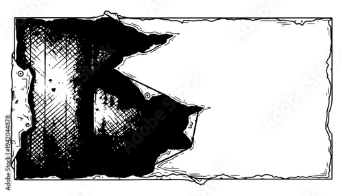 Abstract grungy torn paper texture with hand drawn cross hatching and industrial distressed edges