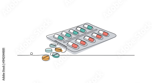 Medical blister pack with colorful capsules and spilled tablets is depicted in a simple continuous line art style.