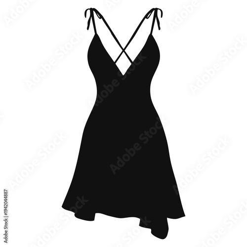 black silhouette summer dress isolated on white background. dress has spaghetti straps and a flared skirt