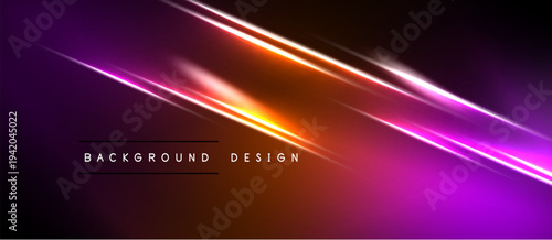 Abstract background features vibrant neon lines. Gradient transitions from purple, orange, yellow create dynamic visual effect. Minimalist design.