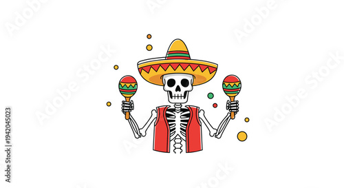 Fun Day of the Dead illustration featuring a skeleton character wearing a colorful sombrero and playing maracas.