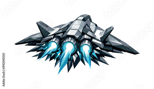 Low-poly vector illustration of a spaceship preparing for hyperspace jump, angular spacecraft aligned forward with engines