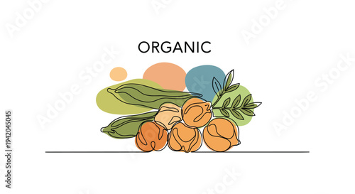 Group of organic chickpeas or garbanzo beans with a small green sprig is shown in a modern line art illustration.