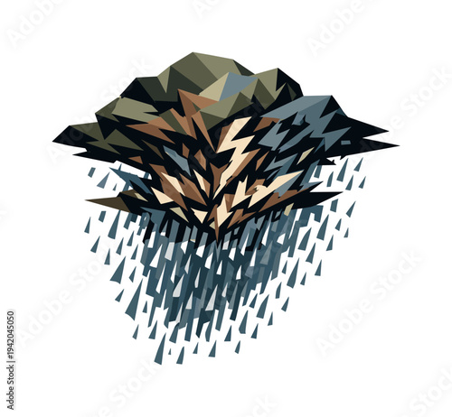 Low-poly vector illustration of a thundercloud burst rain under peak tension, rain density increasing as compressed angular