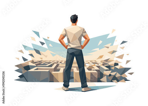 Low-poly vector illustration of a maze escape dash future state, runner fully clear of the maze with upright confident posture,