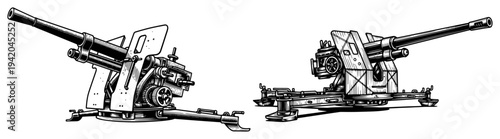 Detailed vintage ink drawing of historical anti aircraft artillery guns and heavy field weaponry