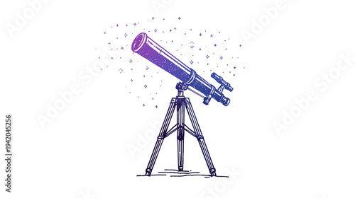 A detailed illustration of a telescope, set against a white background, observing the cosmos