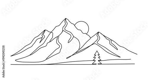Minimalist Line Drawing of Mountain Range with Tree.