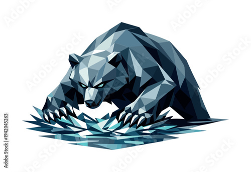 Low-poly vector illustration of a bear preparing to lunge in a river, low angular stance with shoulders hunched and weight
