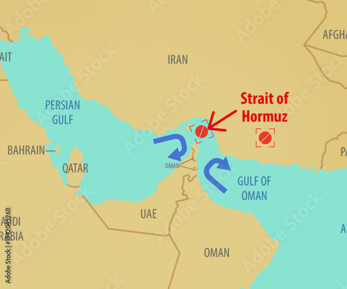 Map of Strait of Hormuz illustrating Closure