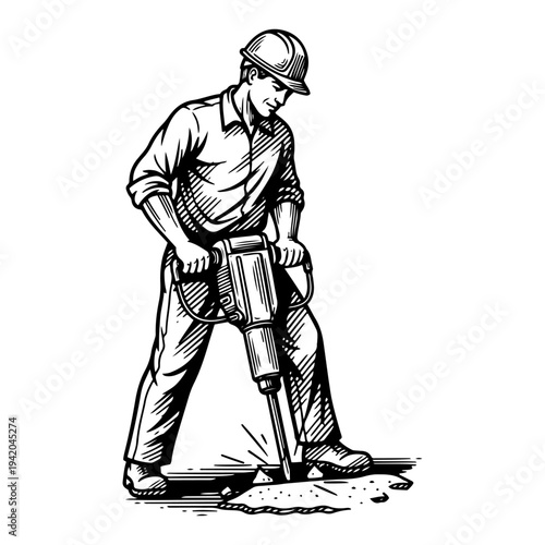 Hand drawn sketch of a male construction worker using a jackhammer