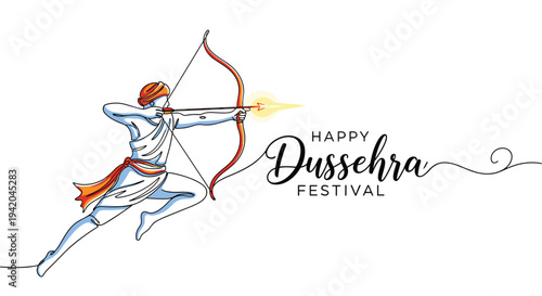 Dynamic illustration for the Dussehra festival featuring a heroic archer figure with a glowing bow and arrow.