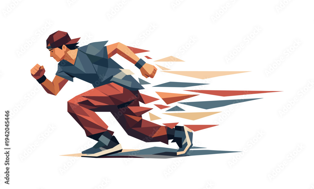 Obraz premium Low-poly vector illustration of a parkour athlete landing and accelerating away after the wall vault, confident angular posture