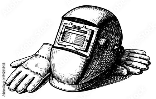 Professional welding helmet and protective leather gloves hand drawn in detailed vintage ink style