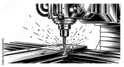 Industrial milling machine drill bit processing metal part with sparks in woodcut drawing style