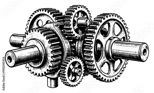 Detailed hand drawn mechanical gear assembly on shaft in vintage industrial style