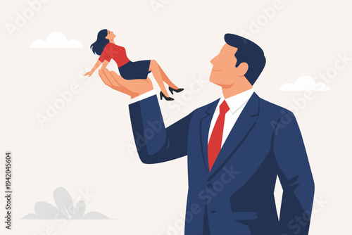 Businessman Holding a Small Businesswoman in His Palm, Concept of Support, Mentorship, Gender Inequality, Corporate Power Dynamics, Leadership, Career Growth, and Empowerment, Flat Vector.