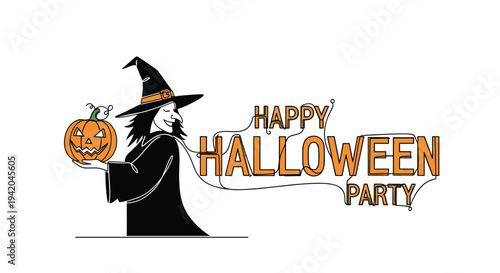 Friendly witch wearing a black hat holds a carved jack o lantern pumpkin while standing next to decorative text for a happy halloween party invite.