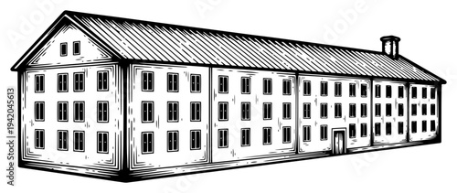 Architectural drawing of long multi story building barracks or warehouse in vintage style