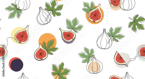 Vibrant seamless pattern of whole and sliced figs with green leaves and colorful abstract circles creating a fresh and healthy fruit textile design.