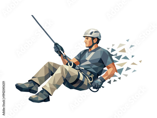 Geometric Climber Serenity. Low-poly vector illustration of a climber stabilizing after the rope rescue, posture settling into